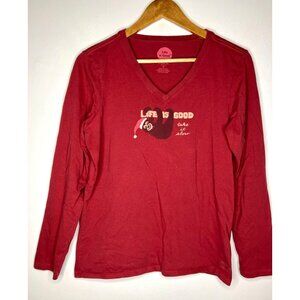 Life Is Good Christmas Sloth Take It Slow Long Sleeve Shirt Red Womens Medium